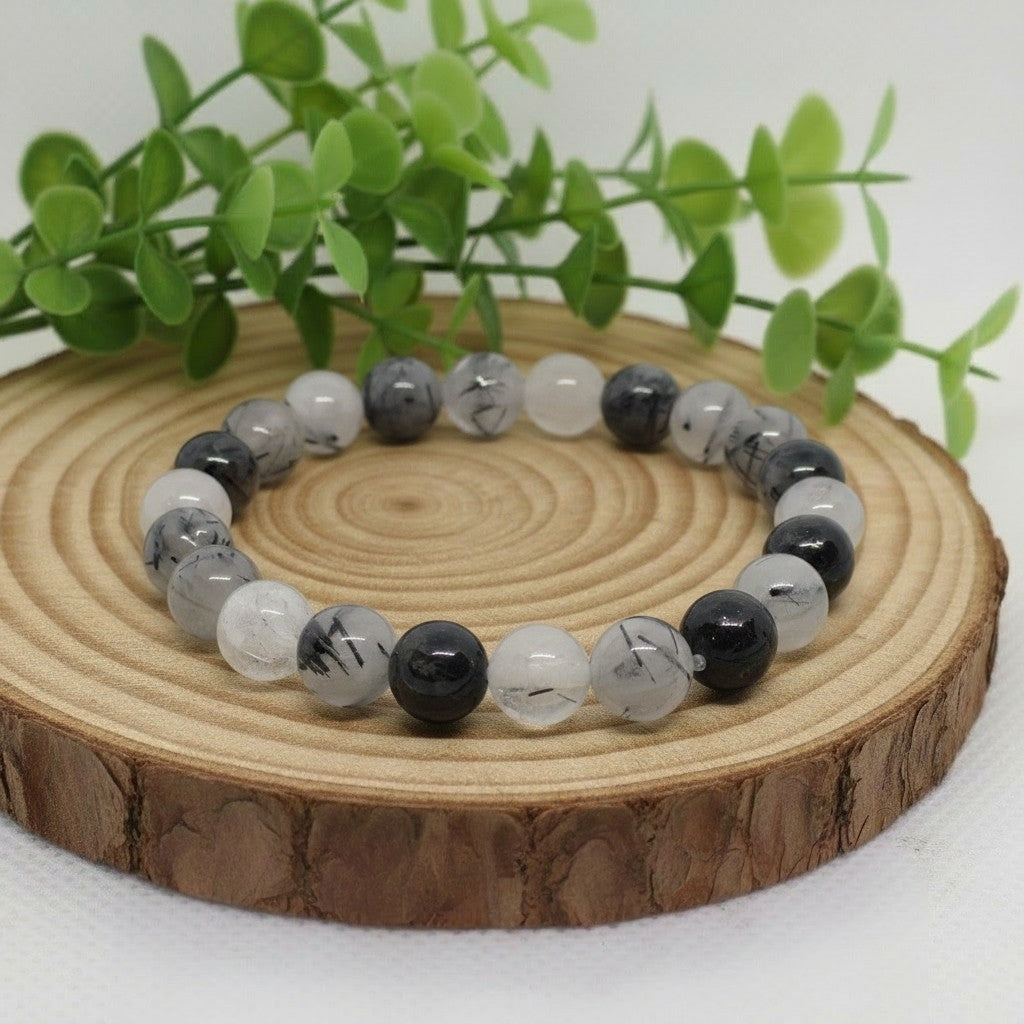 Bracelet en Cristal de Roche Tourmaline Naturel (Grade A) — Protection, Clarté & Équilibre du Yin et du Yang